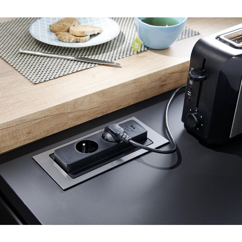 Bloc prise rectangulaire push rotatif 2 prises + USB - Cuisine